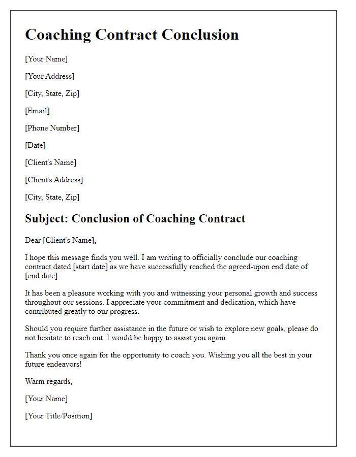 Letter template of conclusion of coaching contract