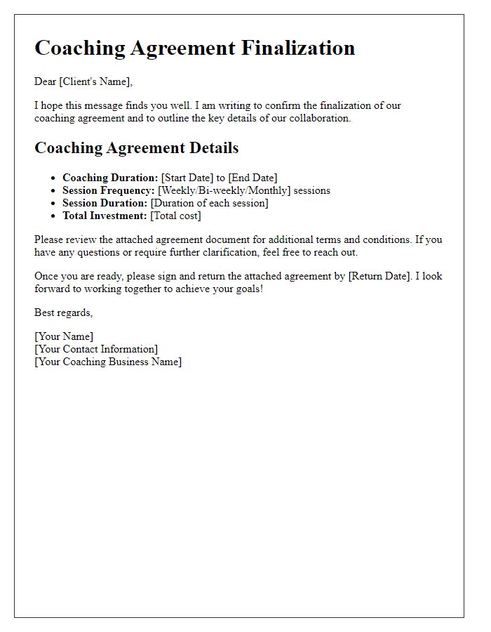 Letter template of finalizing coaching agreement