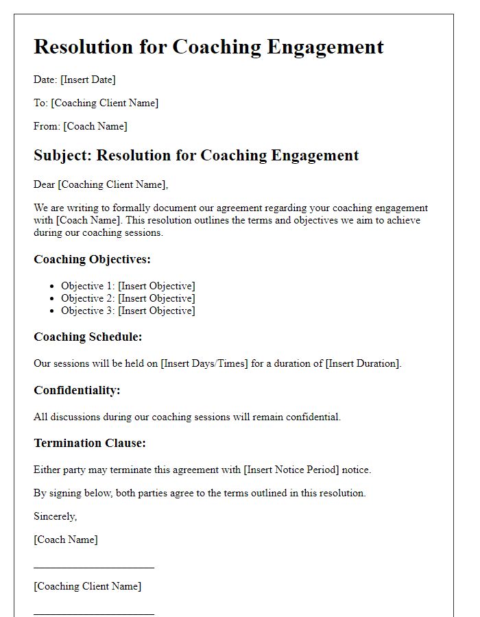 Letter template of resolution for coaching engagement