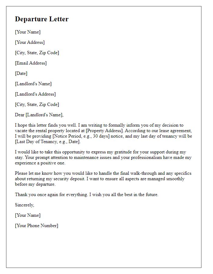 Letter template of courteous departure letter to landlord.