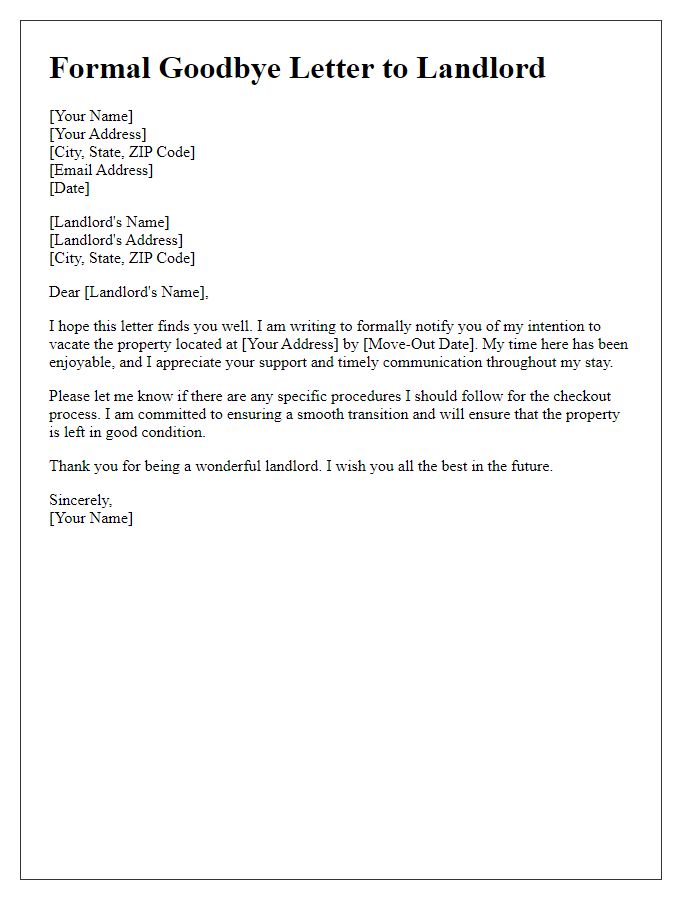 Letter template of formal goodbye letter to landlord.