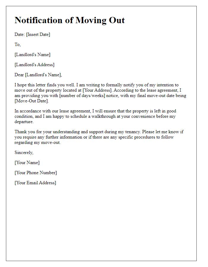 Letter template of notification of moving out letter to landlord.