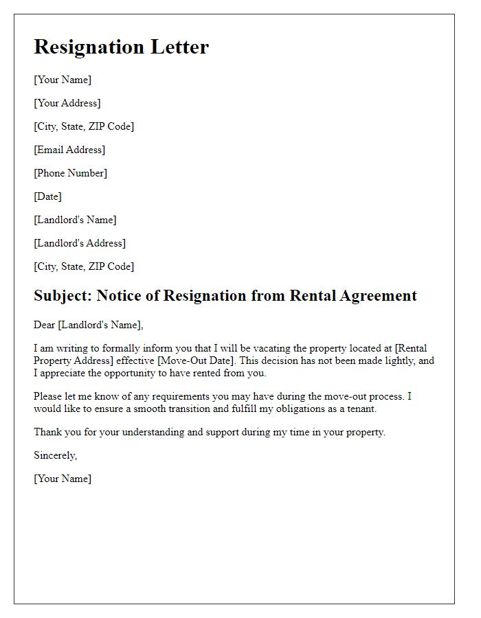 Letter template of professional resignation letter to landlord.