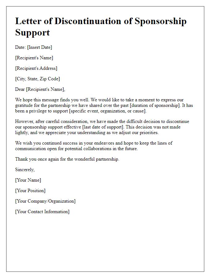 Letter template of discontinuing sponsorship support