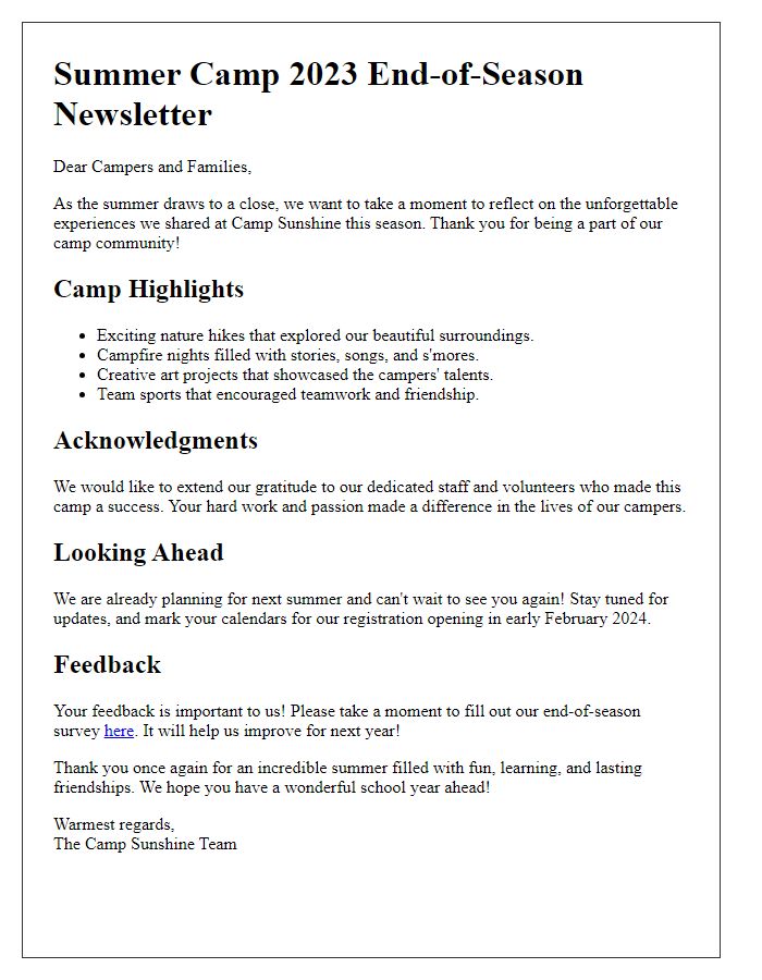 Letter template of summer camp end-of-season newsletter