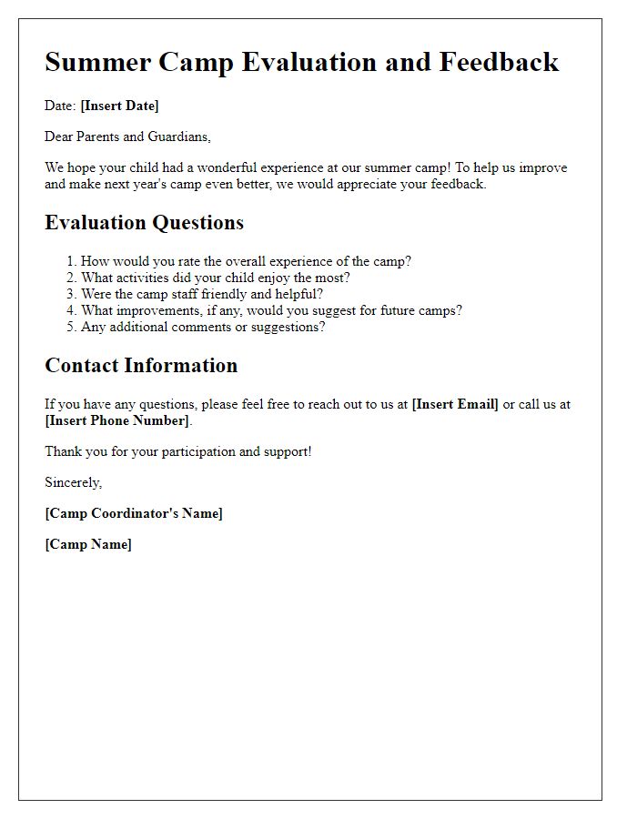 Letter template of summer camp evaluation and feedback