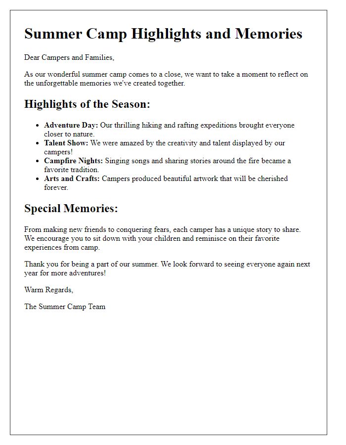 Letter template of summer camp highlights and memories