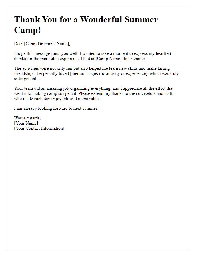 Letter template of summer camp participant thank-you