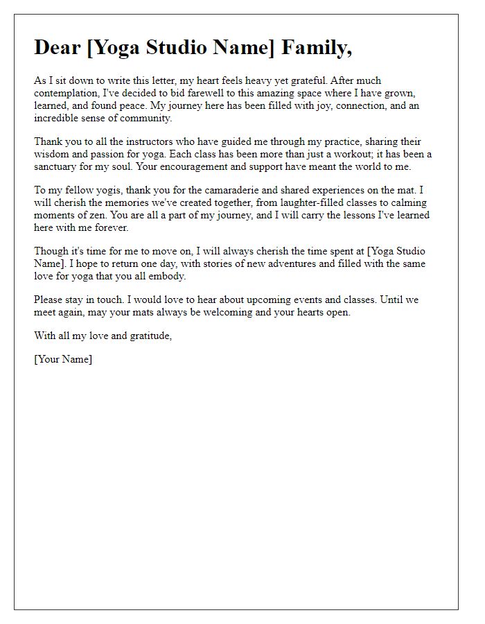 Letter template of heartfelt farewell to the yoga studio