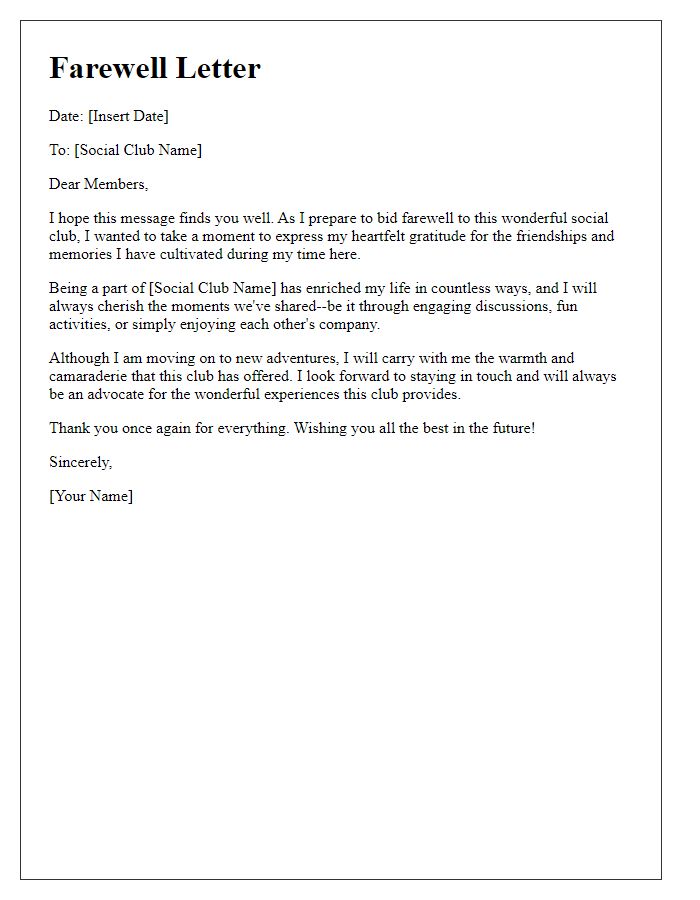 Letter template of farewell to a social club.