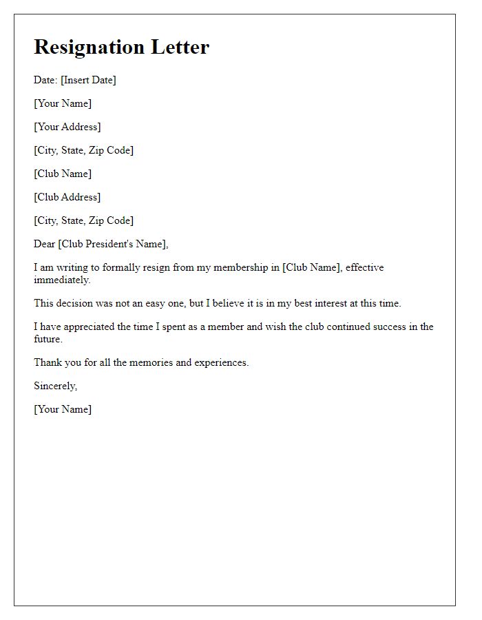 Letter template of resignation from a social club.