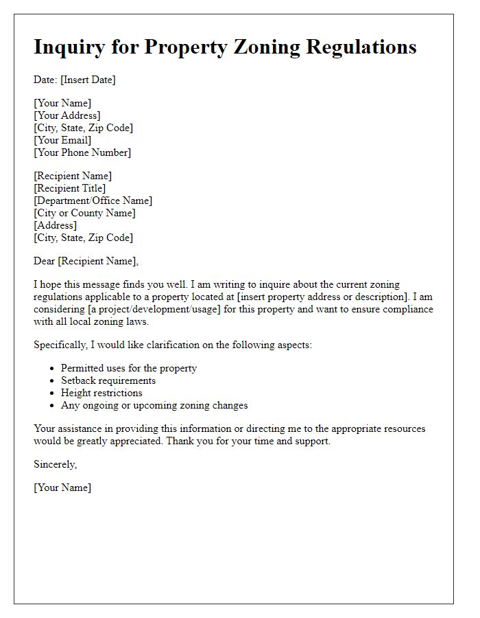 Letter template of inquiry for property zoning regulations