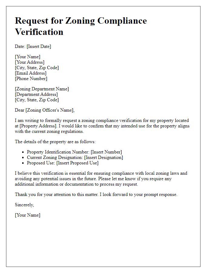 Letter template of request for zoning compliance verification