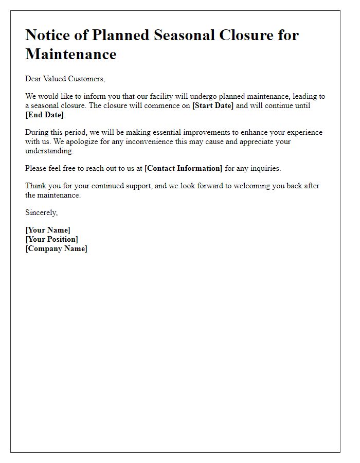 Letter template of planned seasonal closure for maintenance