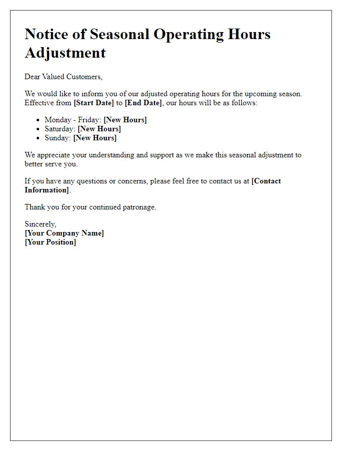Letter template of seasonal operating hours adjustment