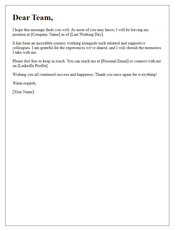 Letter template of leaving message for colleagues