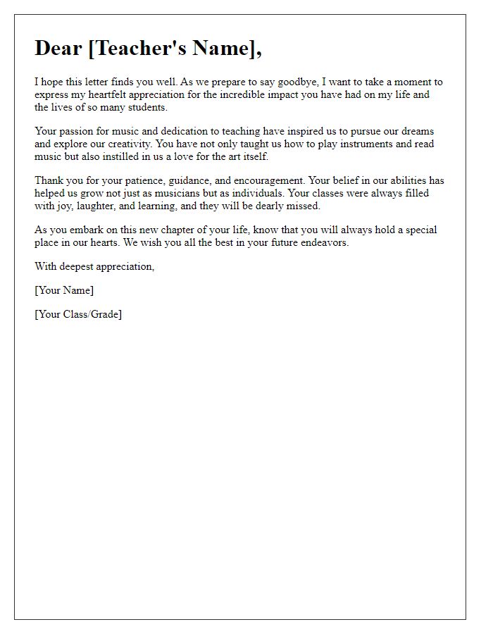 Letter template of appreciation for music teacher farewell