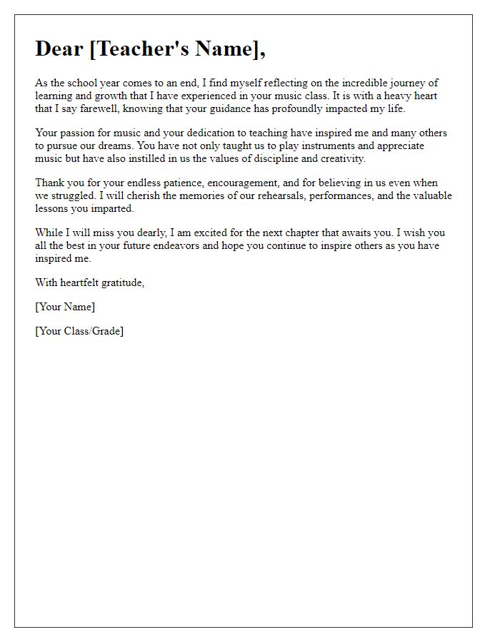 Letter template of fond farewell to music teacher