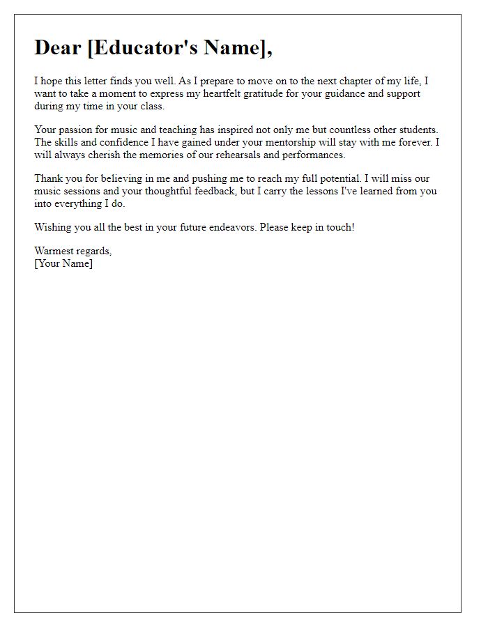 Letter template of goodbye letter for music educator