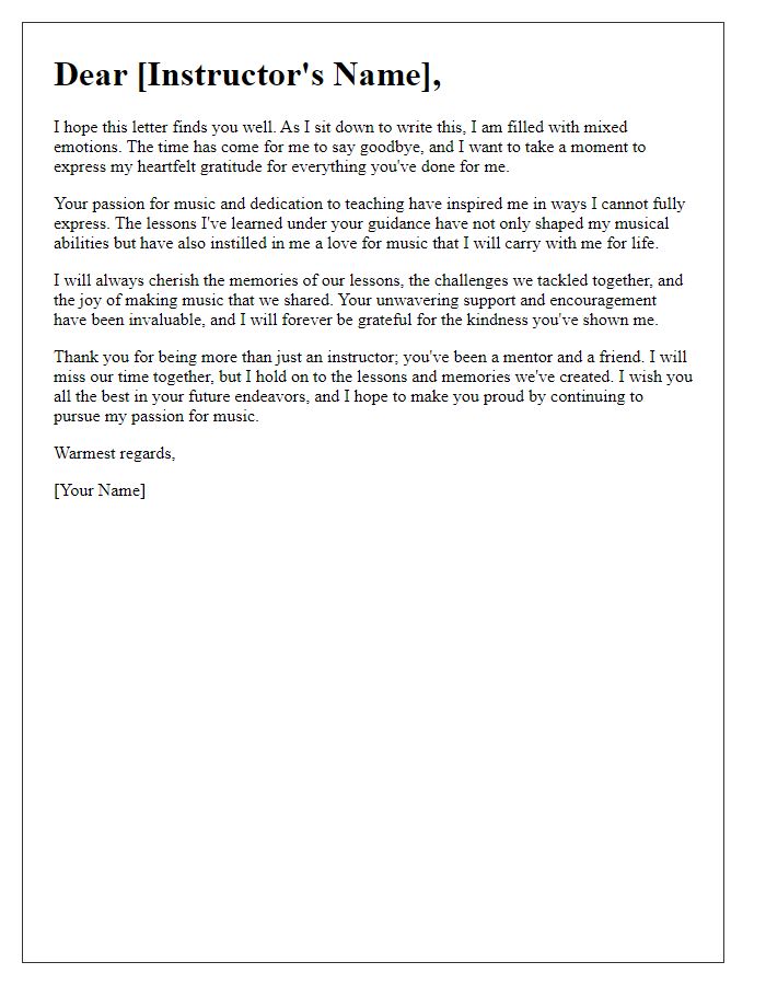 Letter template of heartfelt goodbye to music instructor