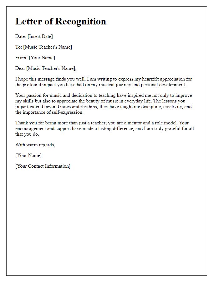 Letter template of recognition for music teacher's impact