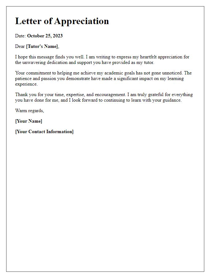 Letter template of appreciation for a dedicated tutor