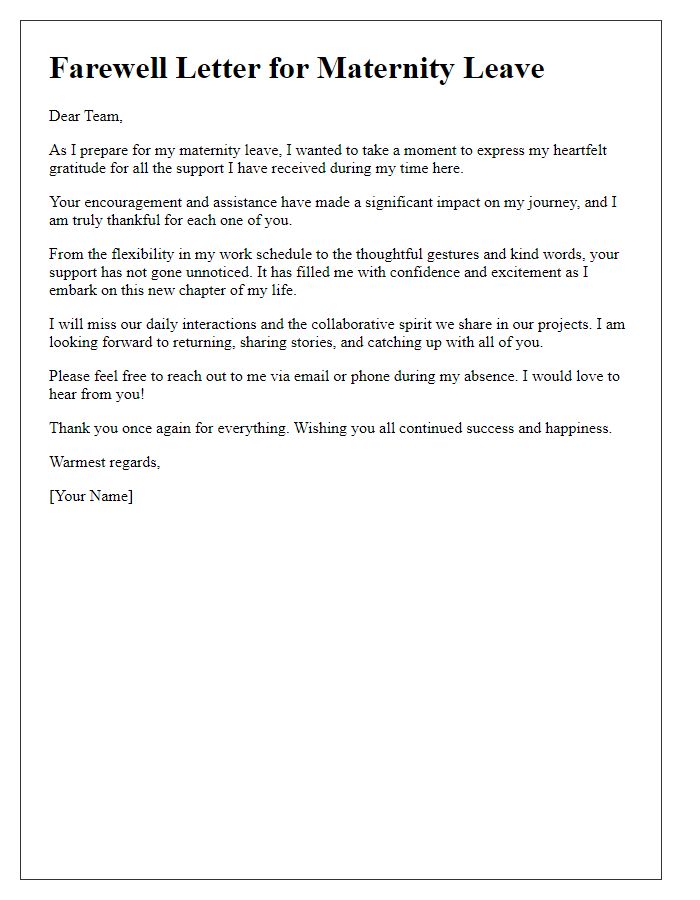 Letter template of maternity leave farewell highlighting support received