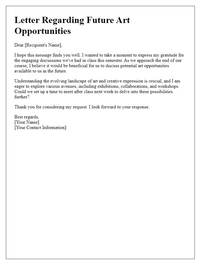 Letter template of discussion on future art opportunities after class