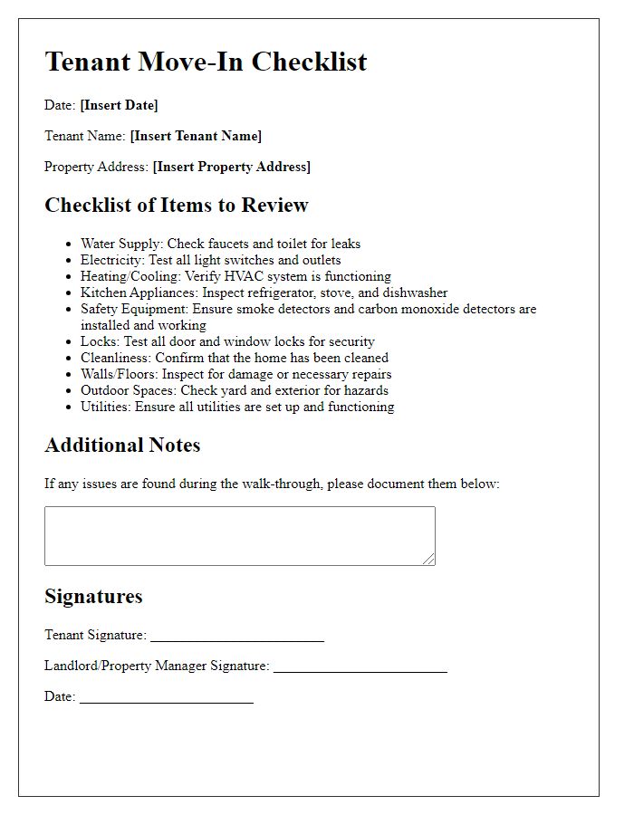 Letter template of tenant move-in checklist for family homes.