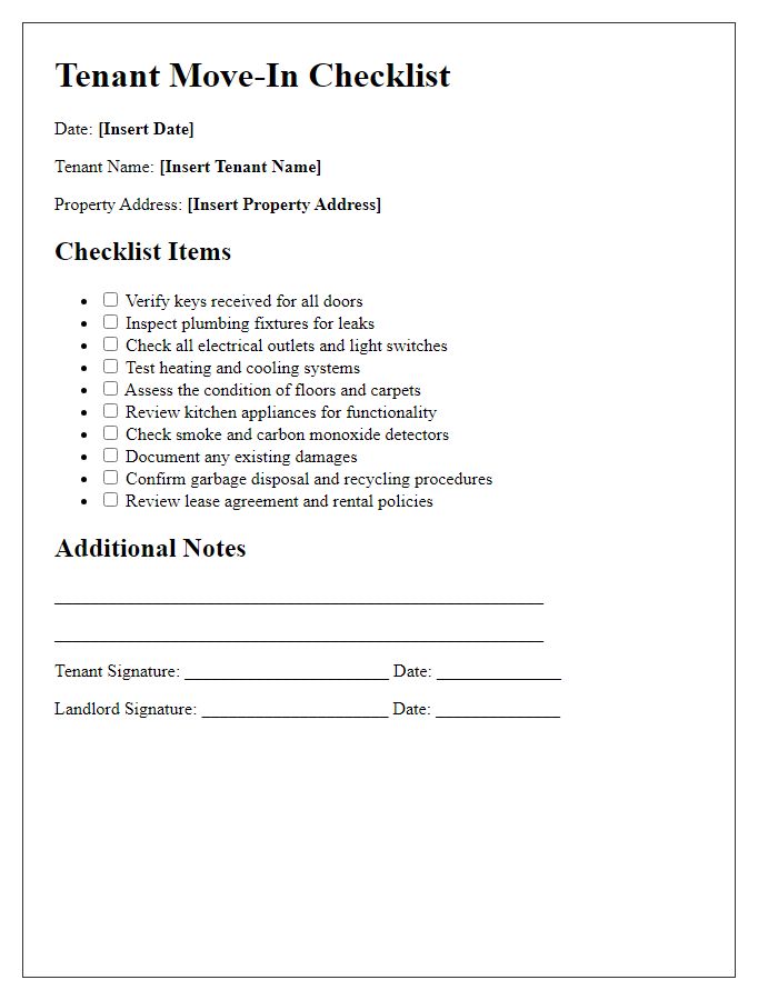 Letter template of tenant move-in checklist for long-term leases.