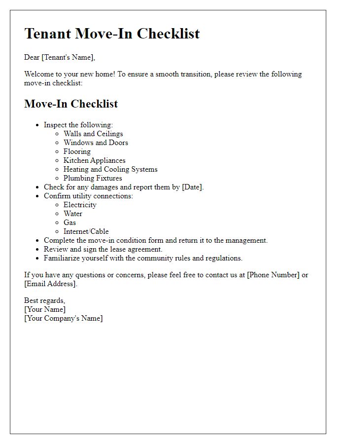 Letter template of tenant move-in checklist for new renters.