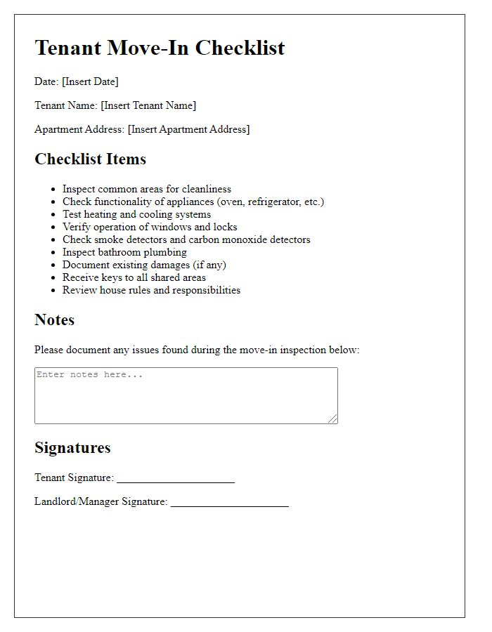 Letter template of tenant move-in checklist for shared apartments.