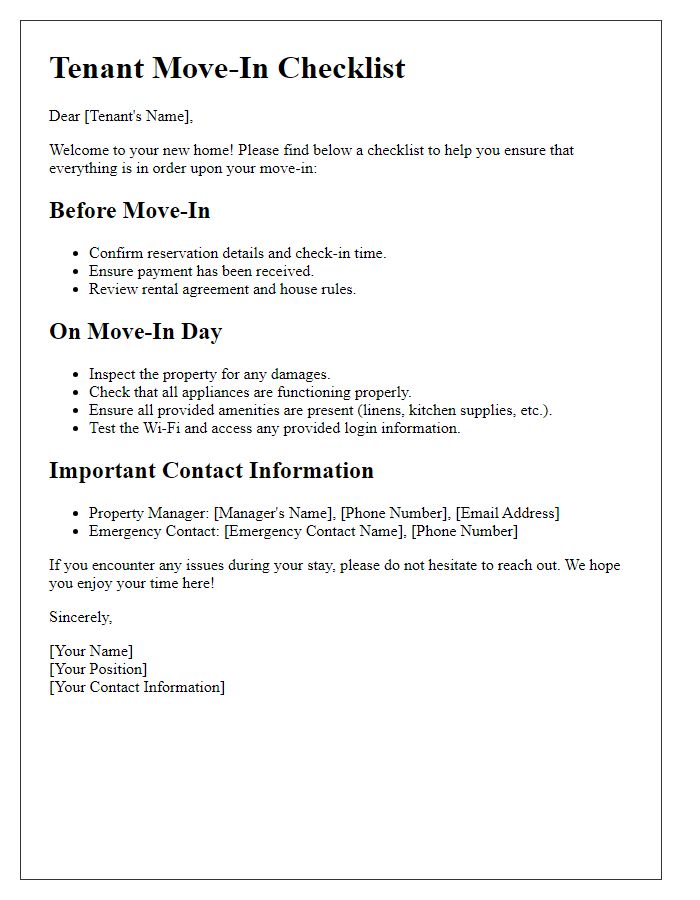 Letter template of tenant move-in checklist for short-term rentals.