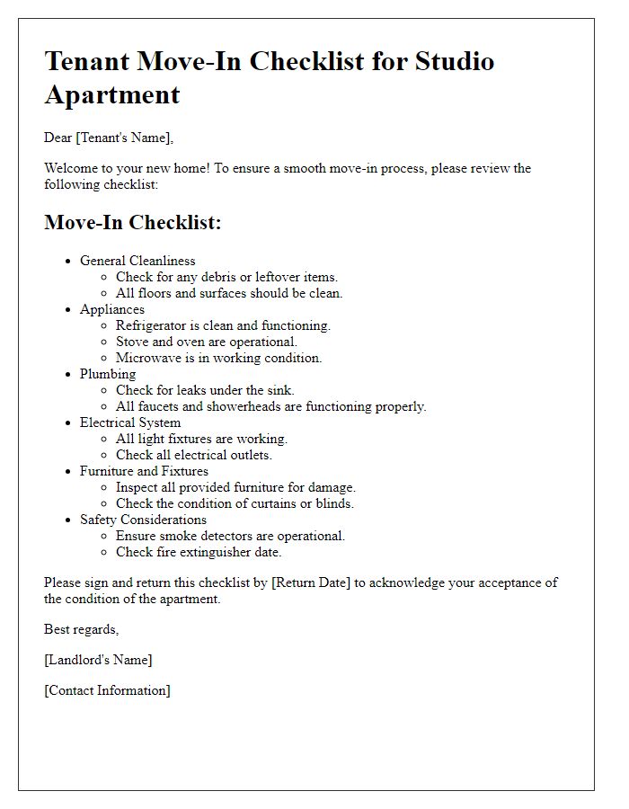 Letter template of tenant move-in checklist for studio apartments.