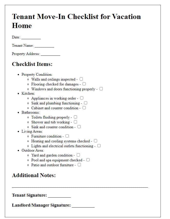 Letter template of tenant move-in checklist for vacation homes.