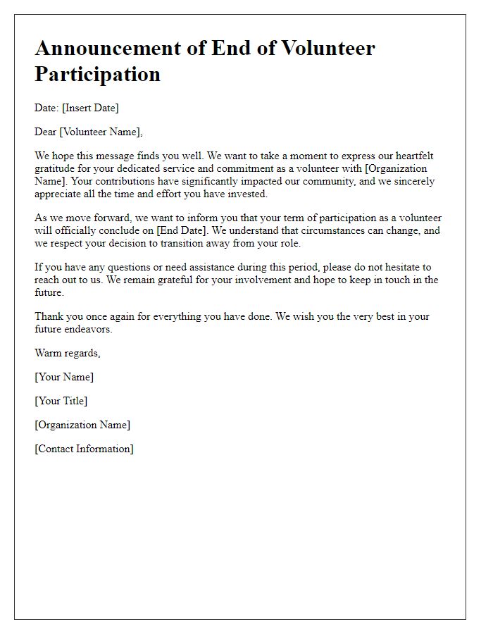 Letter template of announcing end of volunteer participation