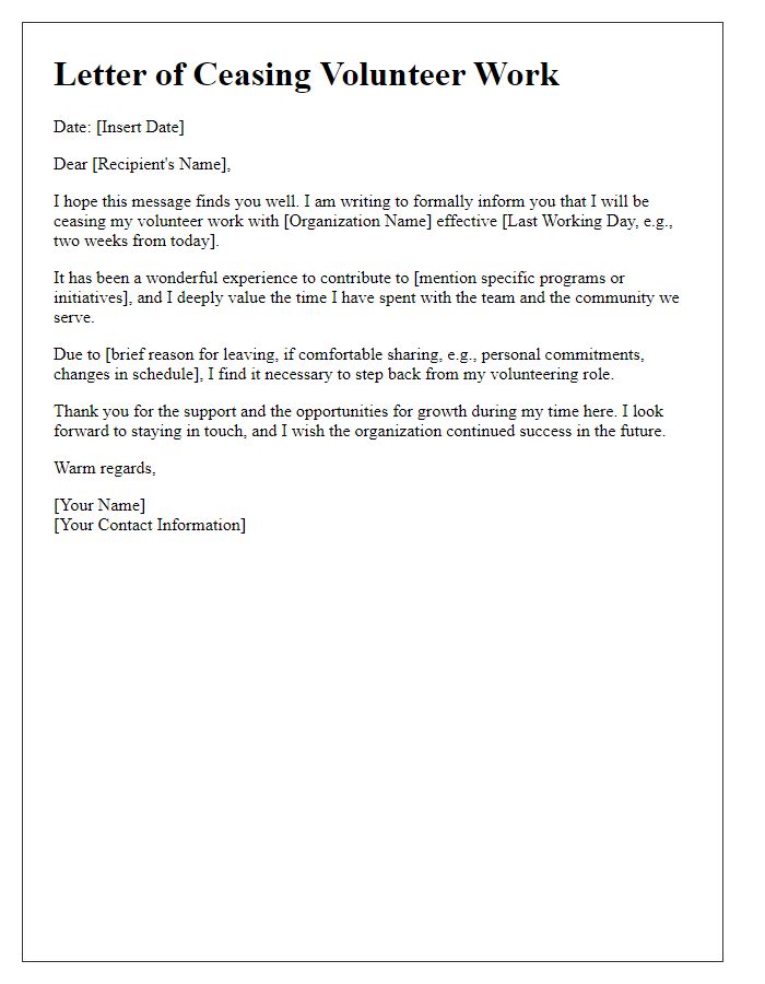 Letter template of ceasing volunteer work