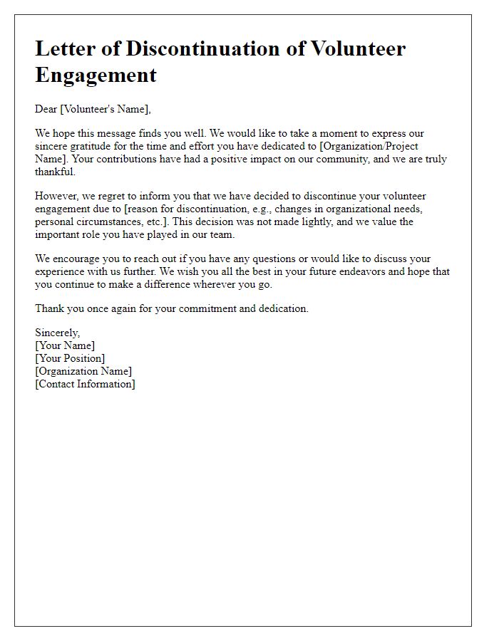 Letter template of discontinuing volunteer engagement