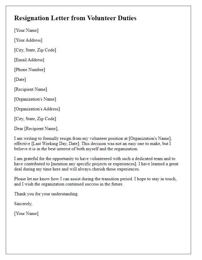 Letter template of resignation from volunteer duties