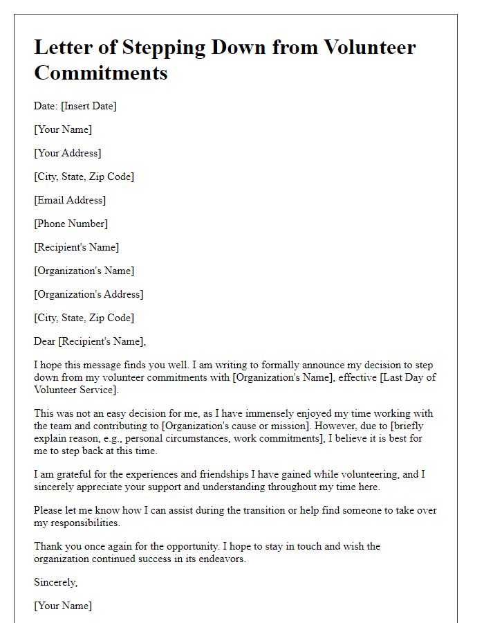 Letter template of stepping down from volunteer commitments