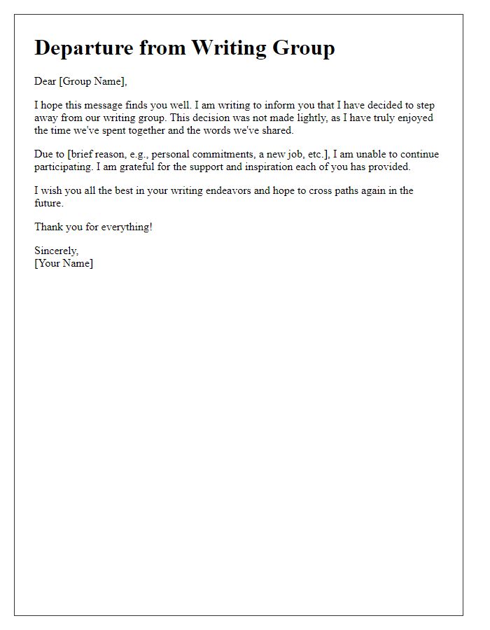 Letter template of departure from writing group