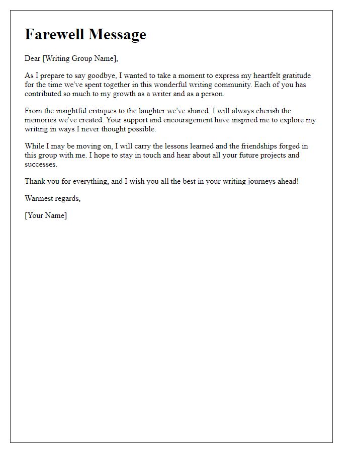 Letter template of farewell message to writing group