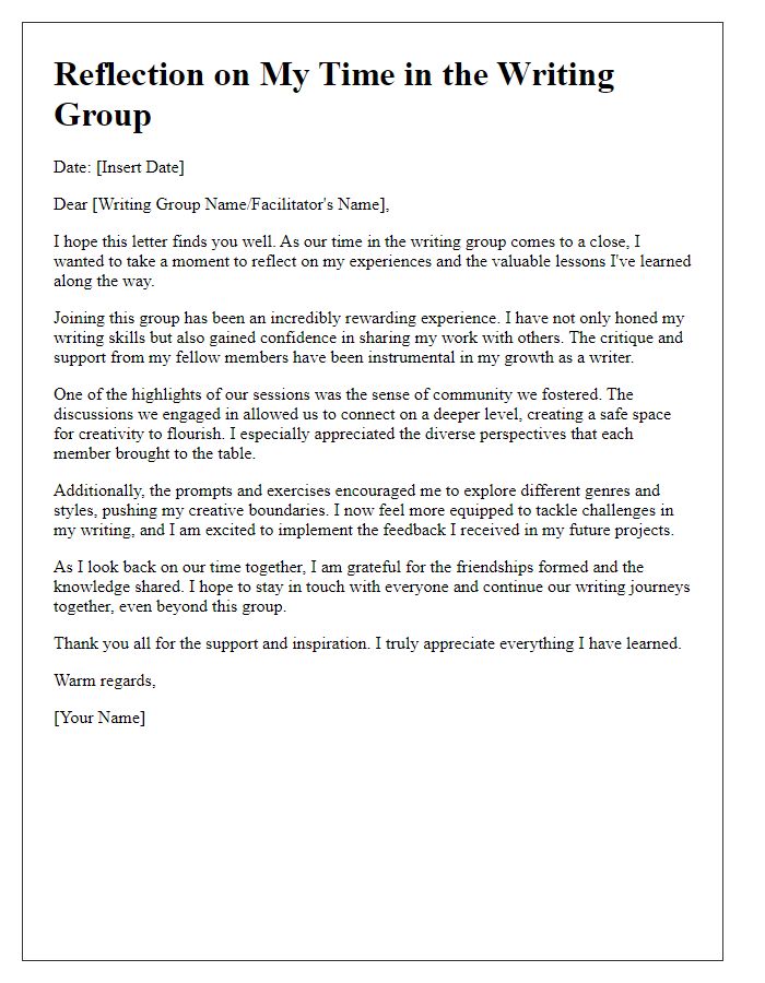 Letter template of reflection on time spent in writing group