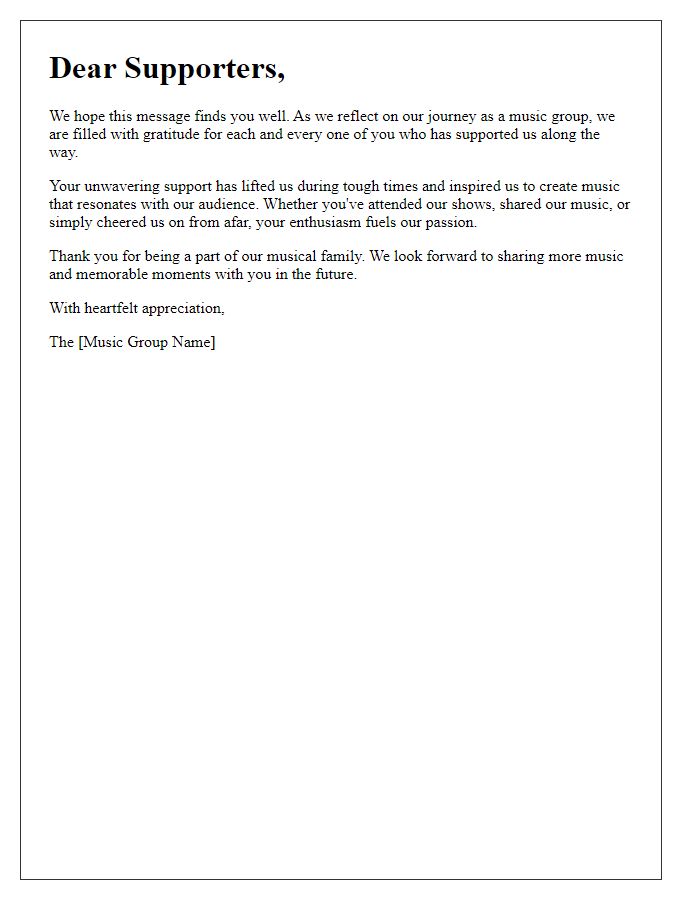 Letter template of appreciation to supporters from a music group