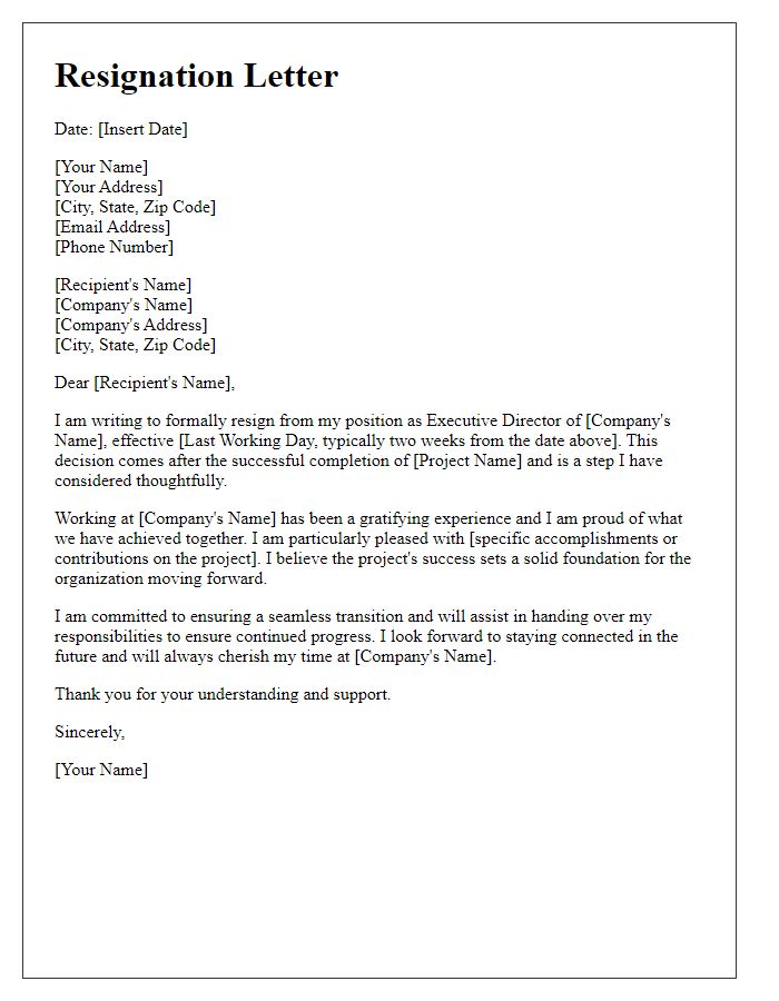 Letter template of resignation for executive director after successful project completion