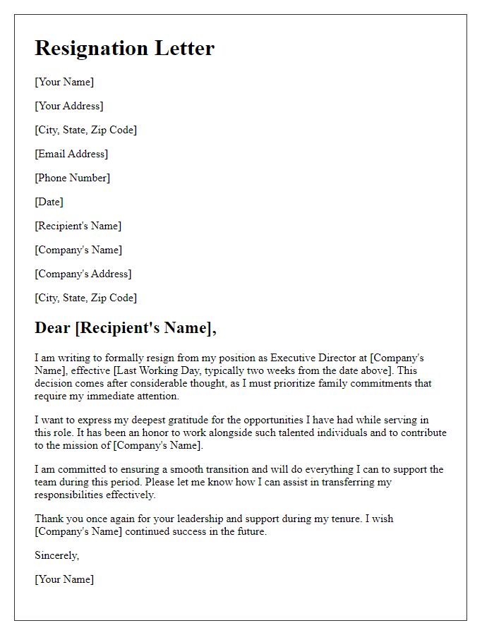 Letter template of resignation for executive director due to family commitments