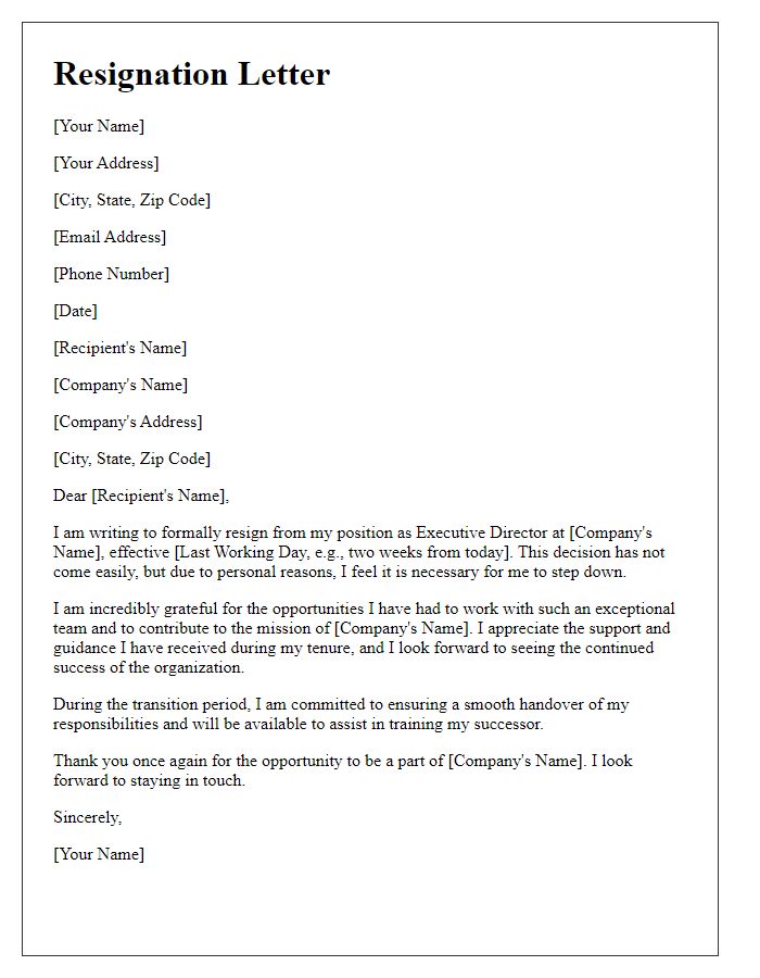 Letter template of resignation for executive director due to personal reasons