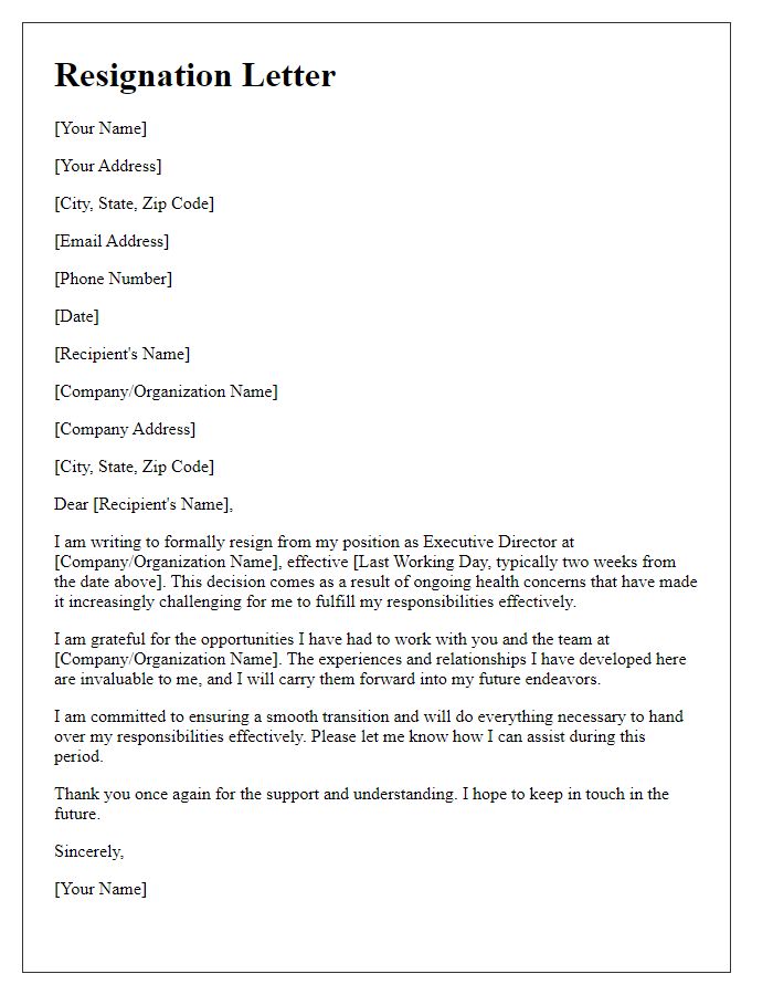 Letter template of resignation for executive director for health concerns