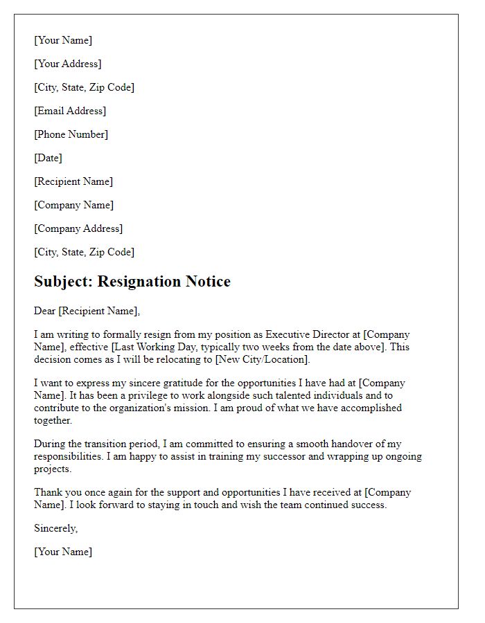 Letter template of resignation for executive director relocating to another city