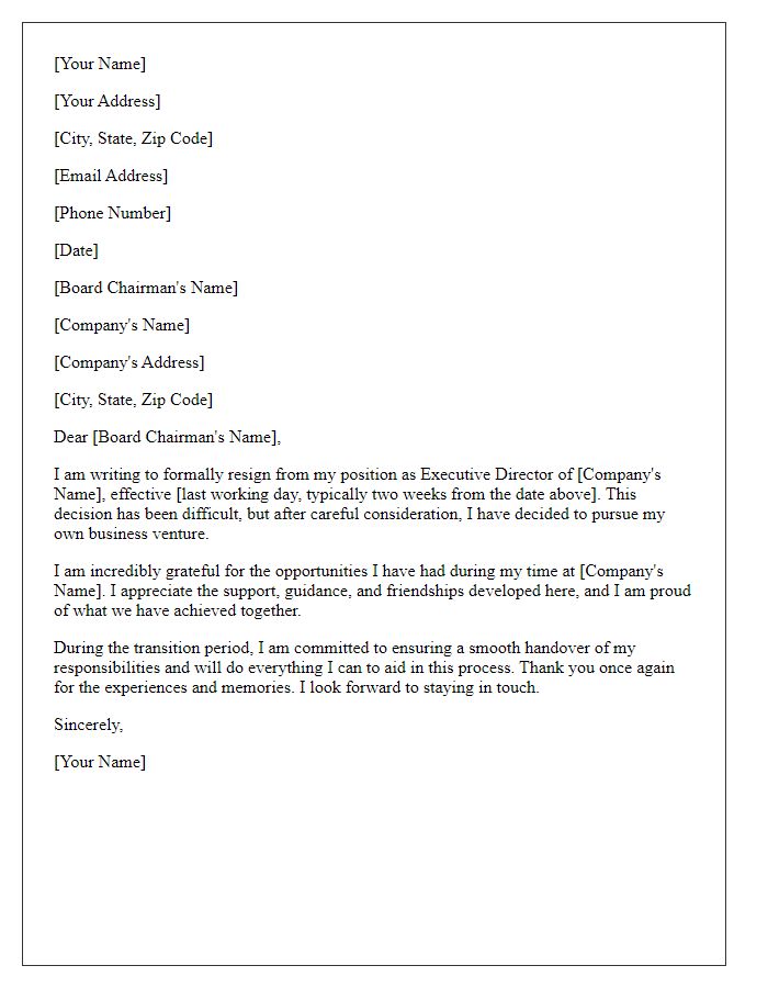 Letter template of resignation for executive director resigning to start a business